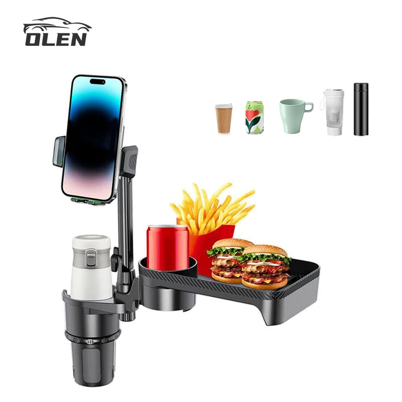 4-in-1 Car Cup Holder Expander Tray: Detachable with Phone Mount - 360°Rotation Adjustable Base