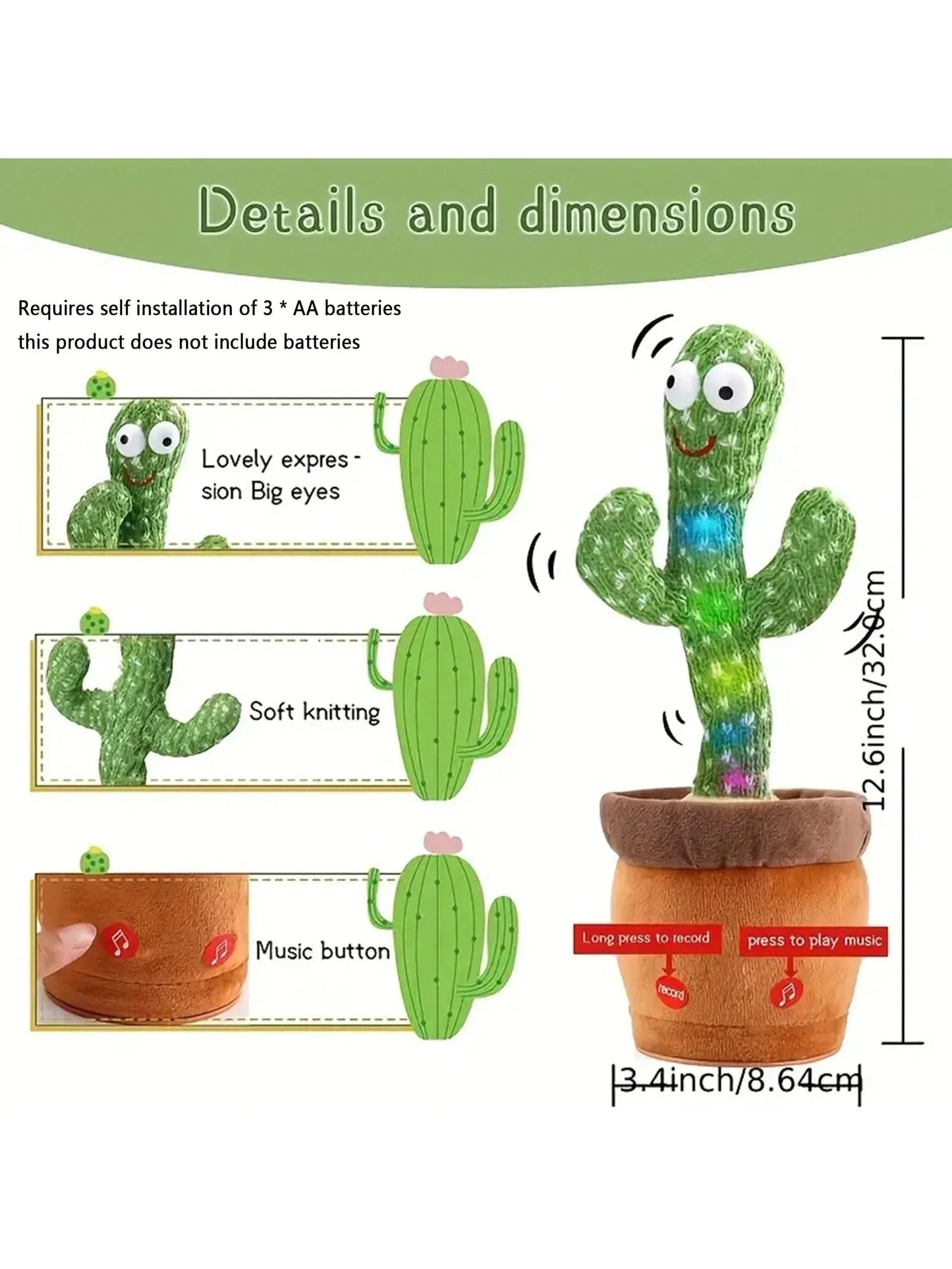 NEW Sing And Dance Cactus 32CM Electron Plush Toy Soft Plush Doll Babies Cactus That Repeat What You Say Voice Interactive Bled