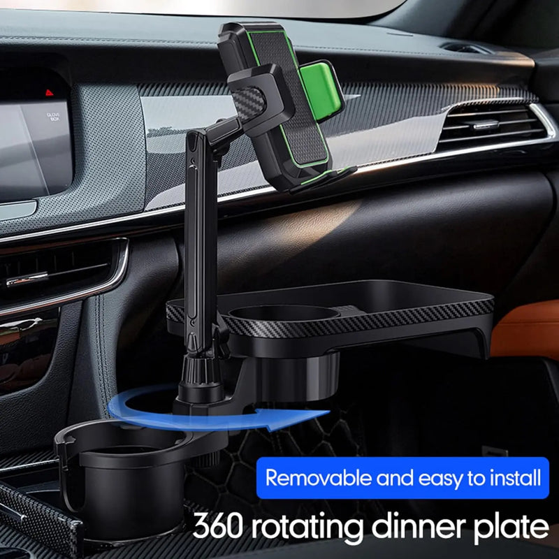 4-in-1 Car Cup Holder Expander Tray: Detachable with Phone Mount - 360°Rotation Adjustable Base