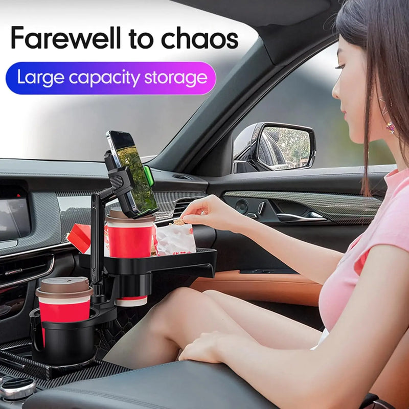 4-in-1 Car Cup Holder Expander Tray: Detachable with Phone Mount - 360°Rotation Adjustable Base