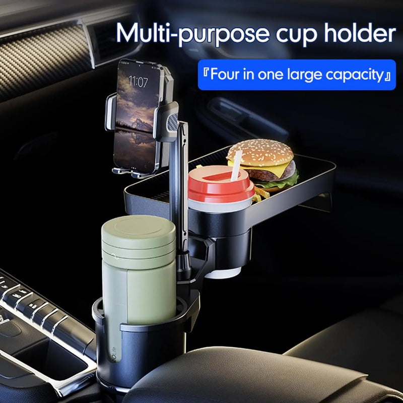 4-in-1 Car Cup Holder Expander Tray: Detachable with Phone Mount - 360°Rotation Adjustable Base