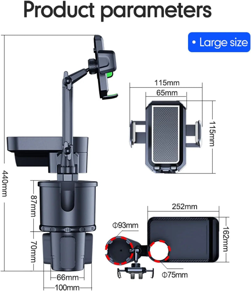 4-in-1 Car Cup Holder Expander Tray: Detachable with Phone Mount - 360°Rotation Adjustable Base