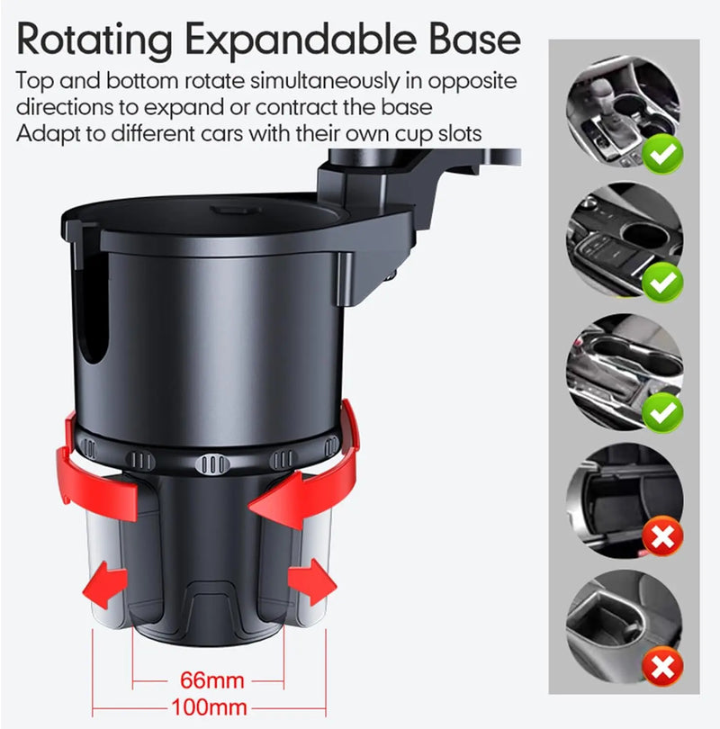 4-in-1 Car Cup Holder Expander Tray: Detachable with Phone Mount - 360°Rotation Adjustable Base